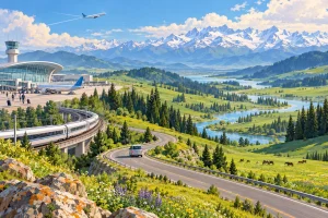 伊犁旅行出发地选择主题插画：飞机、铁路与山谷公路