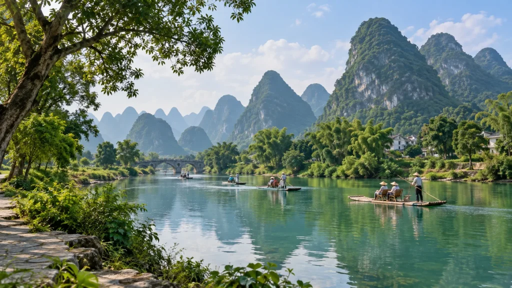 遇龙河沿岸与竹筏