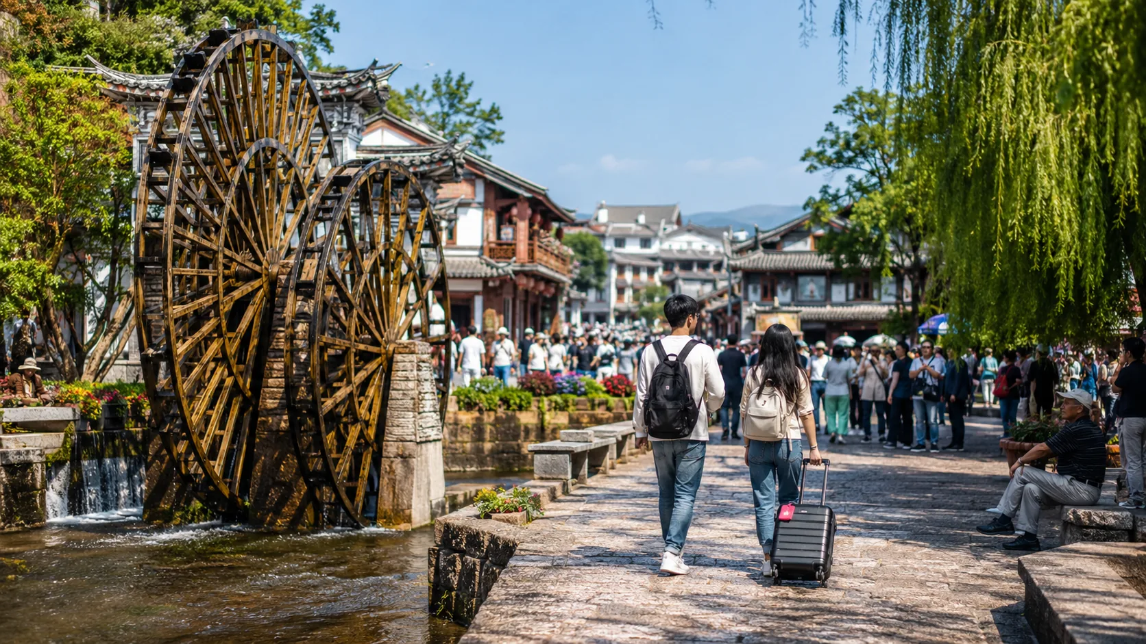 丽江古城水车附近的游客与行李通行场景