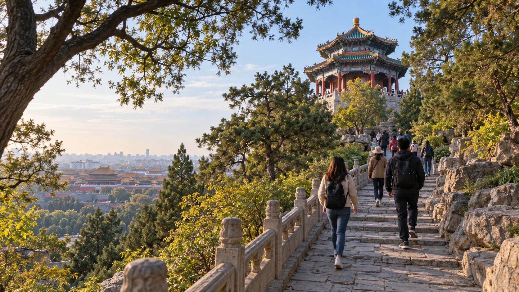 景山登高步道与万春亭（AI示意图）