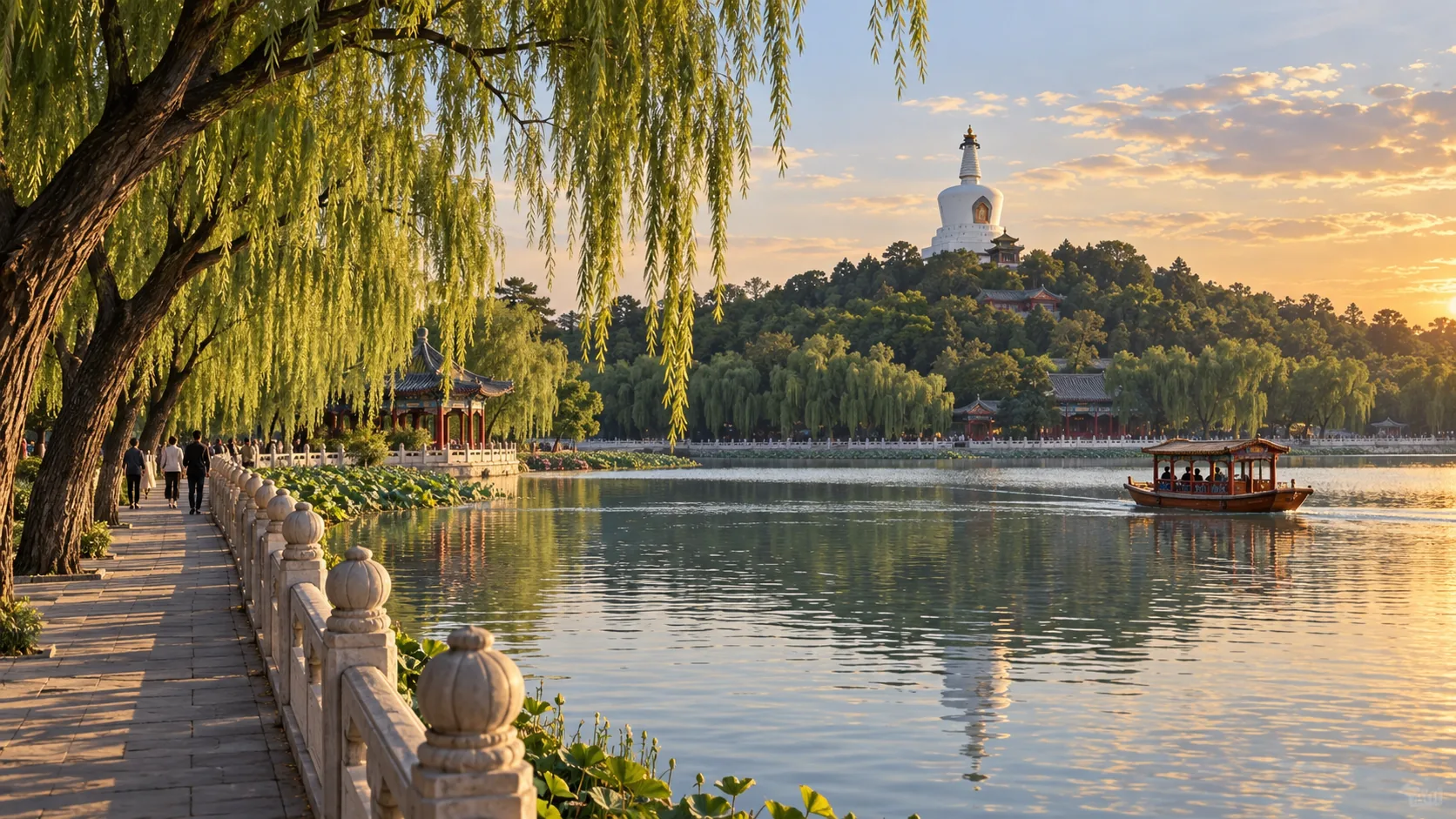北海湖岸与白塔风景（AI示意图）