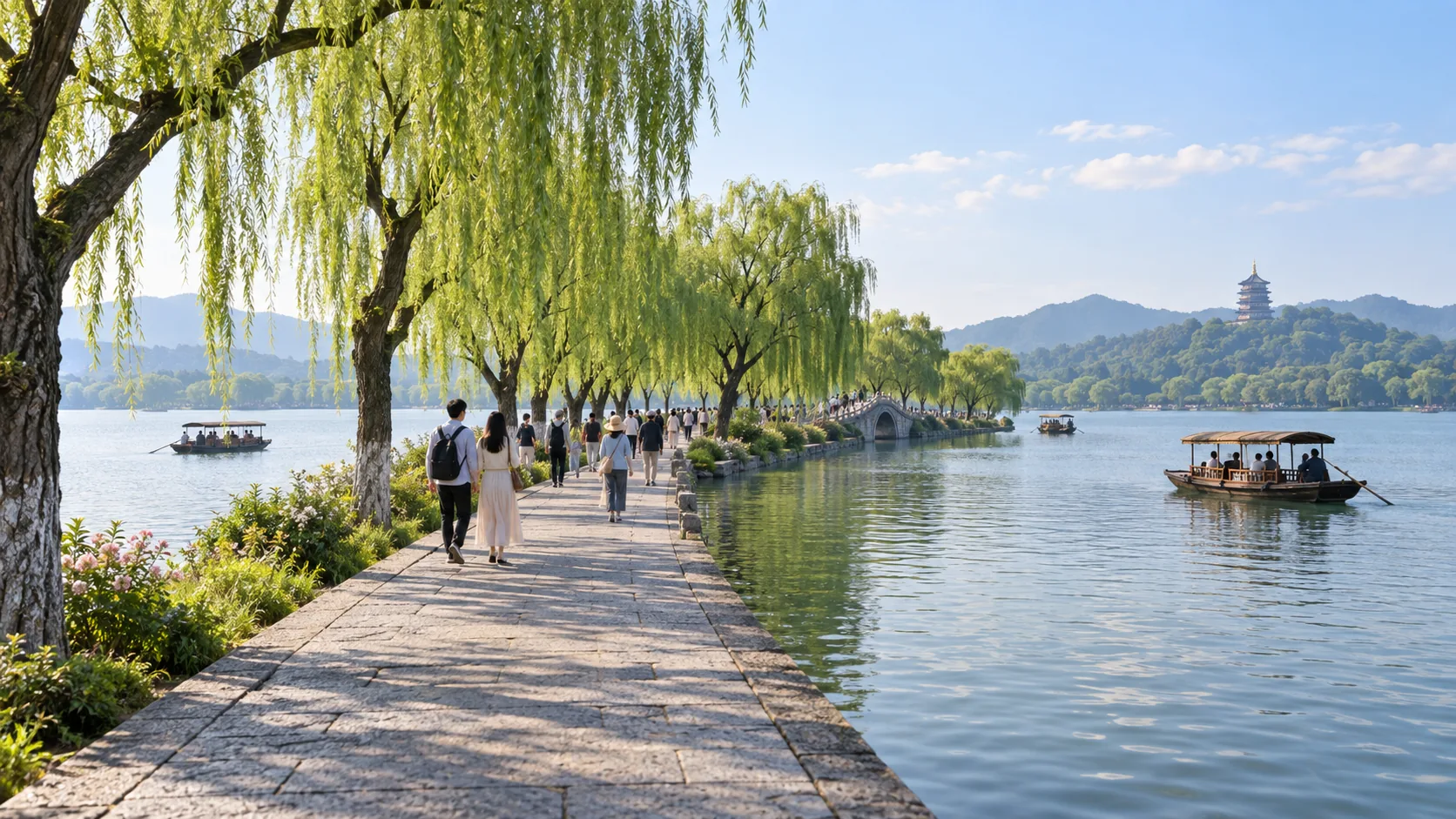 西湖苏堤游览风景（AI示意图）