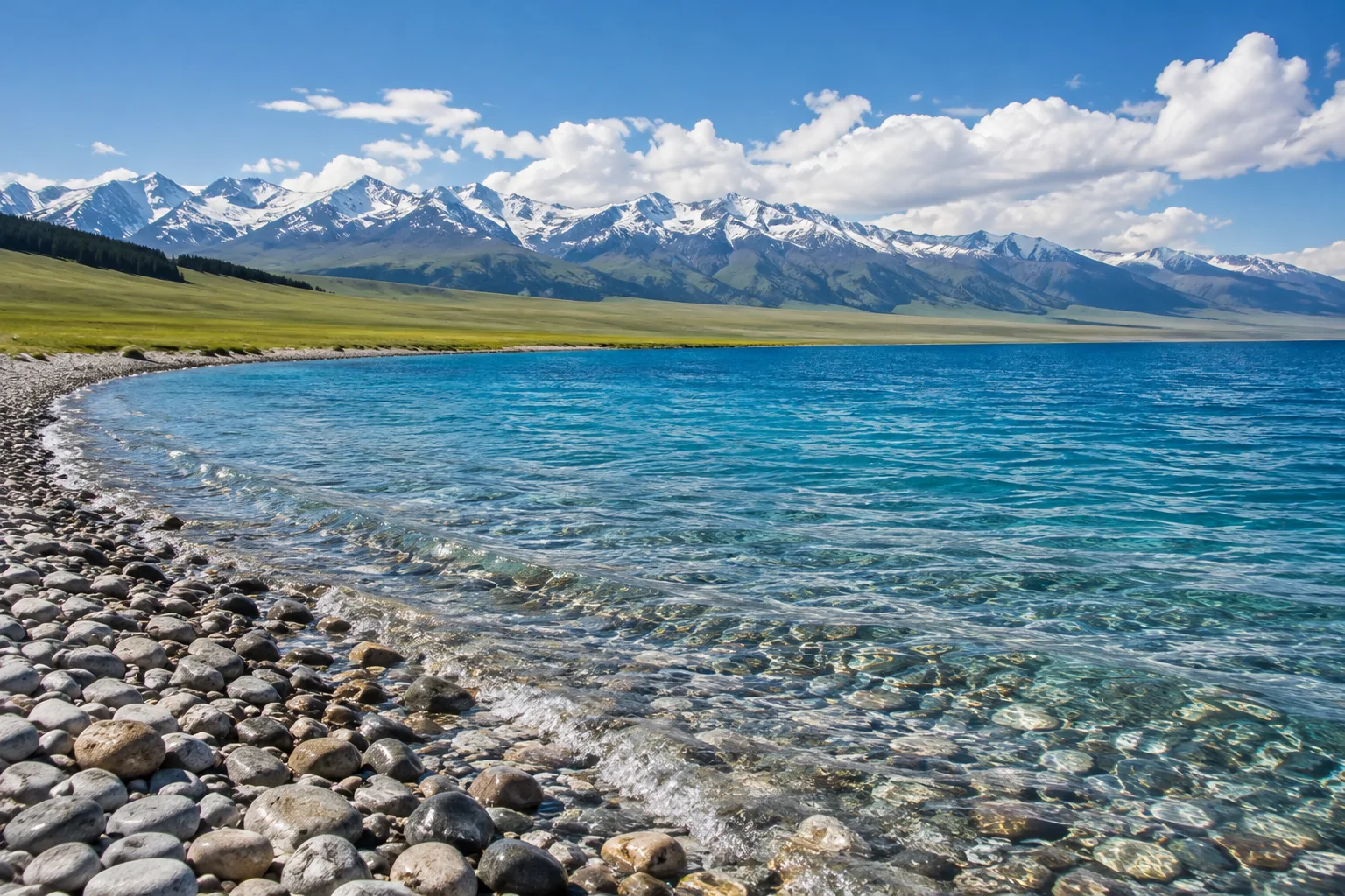 赛里木湖湖岸与远山