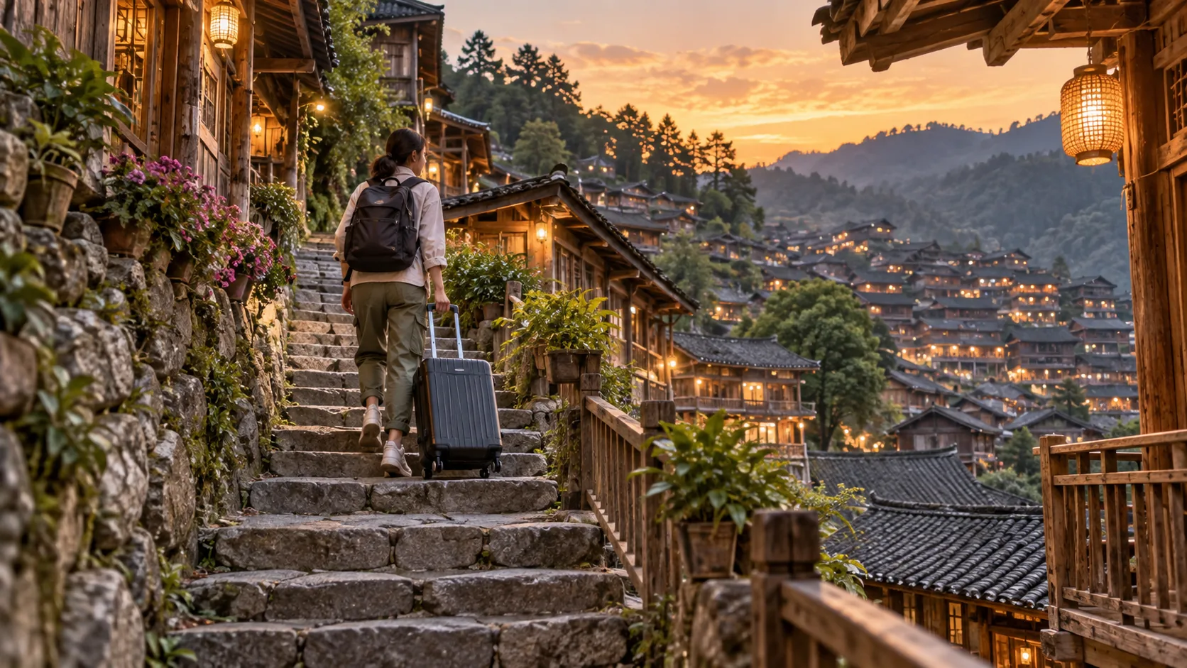 苗寨石阶与行李出行场景（AI示意图）