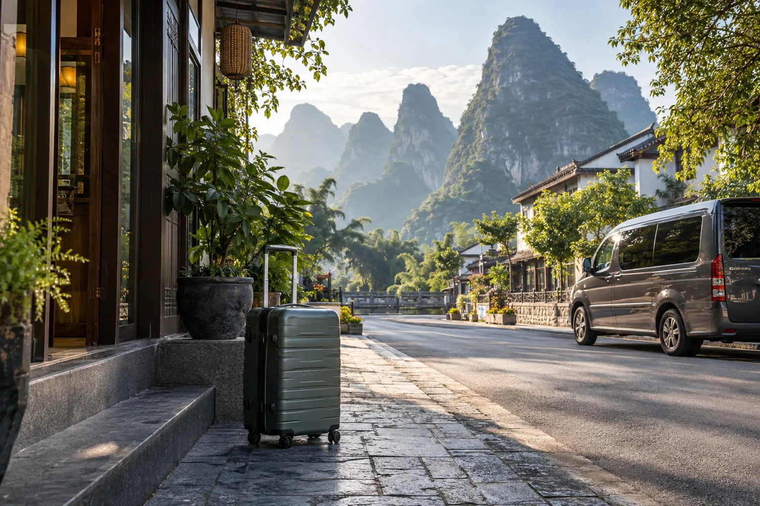 阳朔酒店出发前往车站的接驳场景示意图