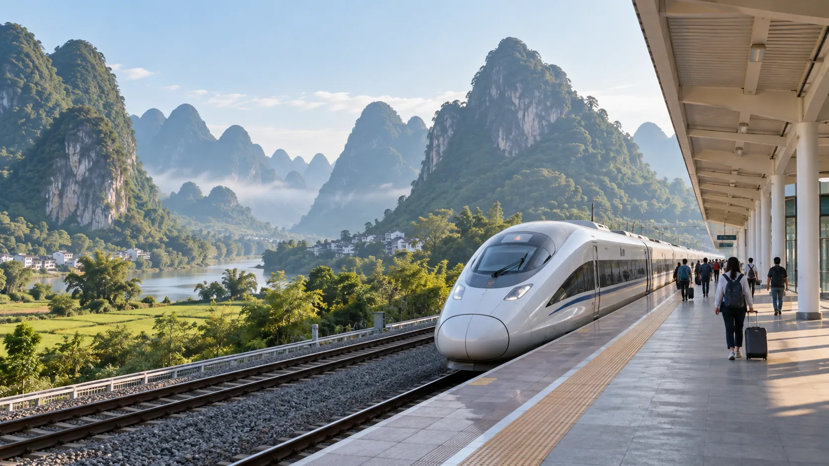 阳朔站高铁与喀斯特山景示意图